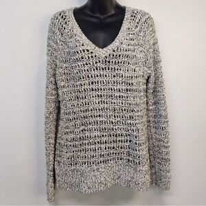 LOFT Women's Pullover V-Neck Open Knit Split Seam‎ Black & WhiteSweater Size XXL